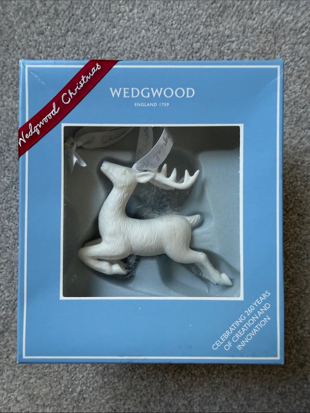 Wedgwood White Porcelain Leaping Reindeer Ornament in Blue Box